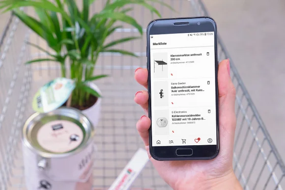 Person hält ein Smartphone in der Hand und schiebt einen Einkaufswagen.